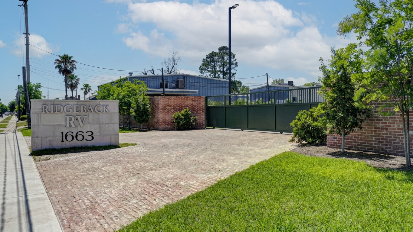 Gated entrance to Ridgeback RV Park in Houston, Texas